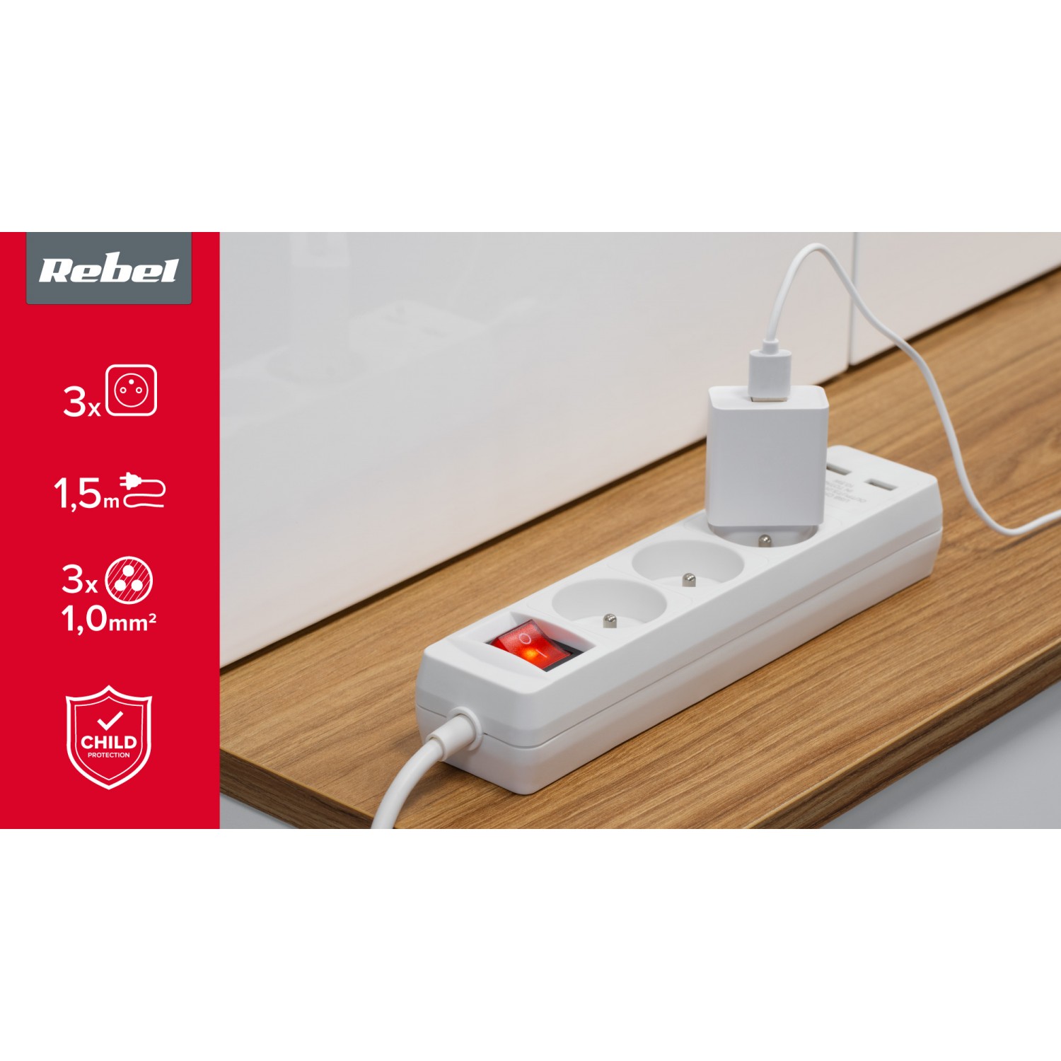 Przedłużacz sieciowy Rebel  3 gniazda + 2  gniazda USB z wyłącznikiem - 1.5m