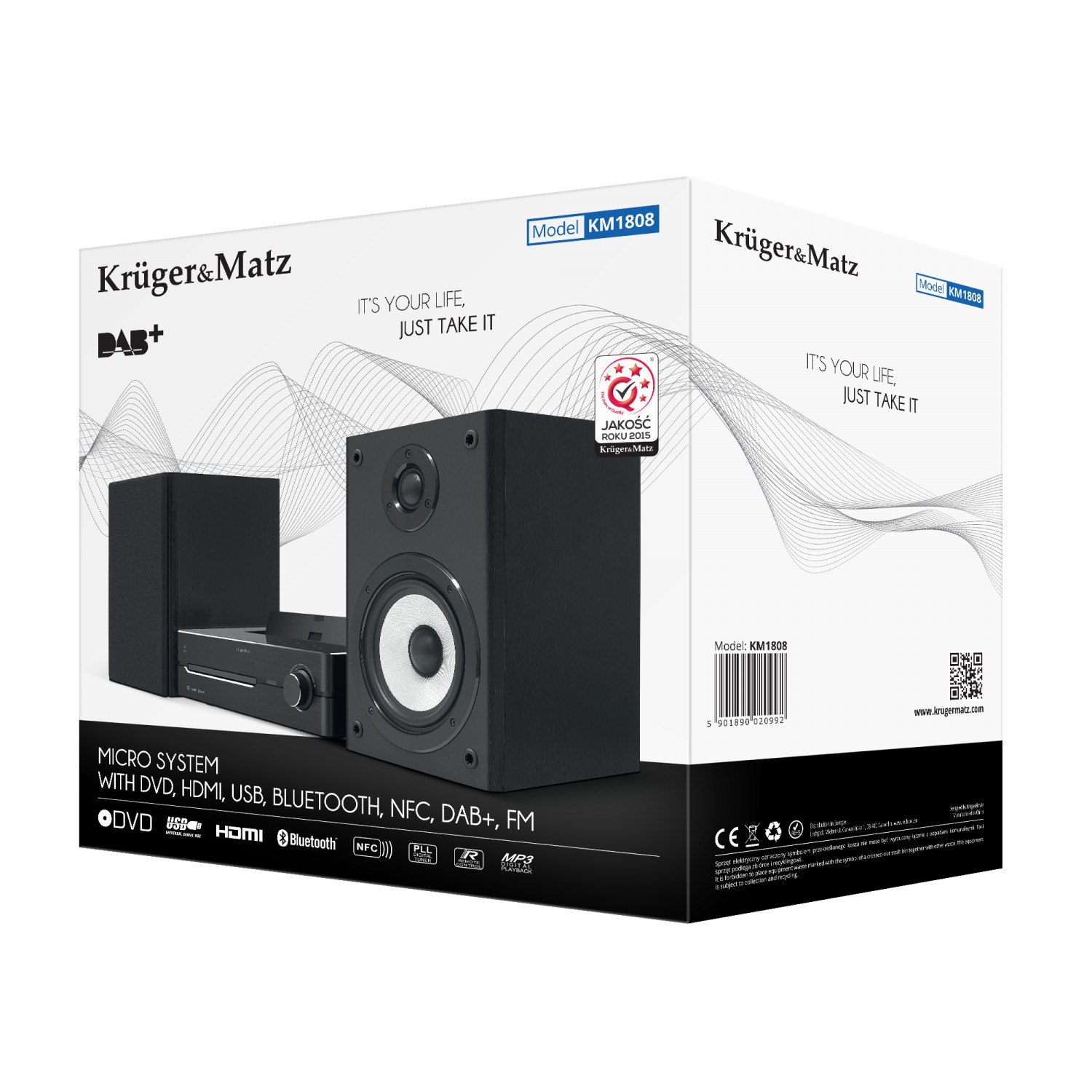 Wieża DVD Kruger&Matz KM1808 (DVD, HDMI, USB,  Bluetooth, NFC, radio cyfrowe DAB+ i FM)