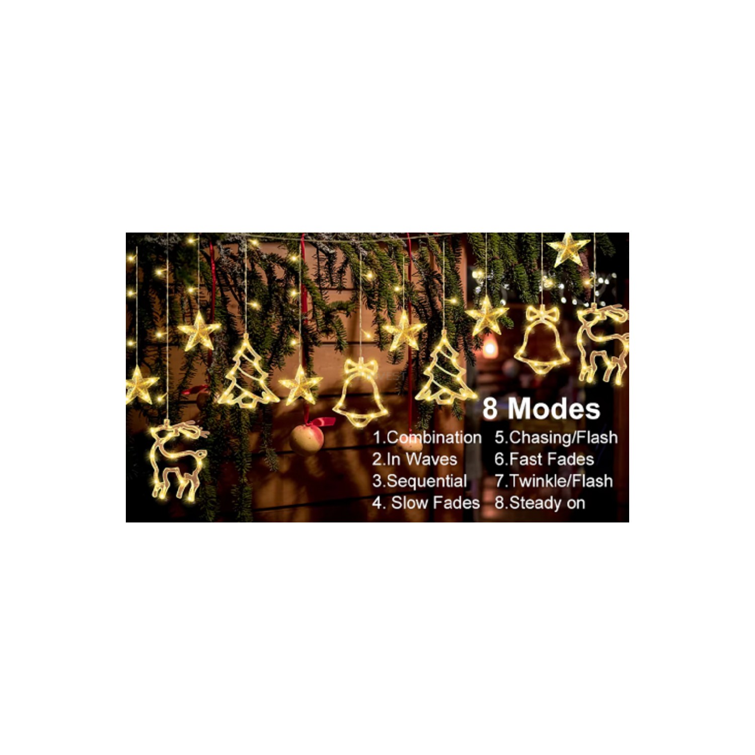 Kurtyna świetlna świąteczna 3,5m/0,8m gwiazdki dzwonki renifery choinki