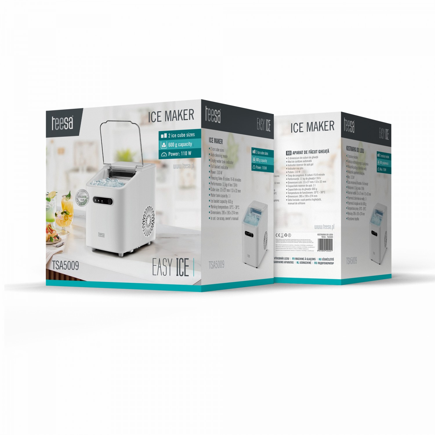 Kostkarka do lodu TEESA EASY ICE 11kg lodu 1L 110W dwa rozmiary kostek autoczyszczenie