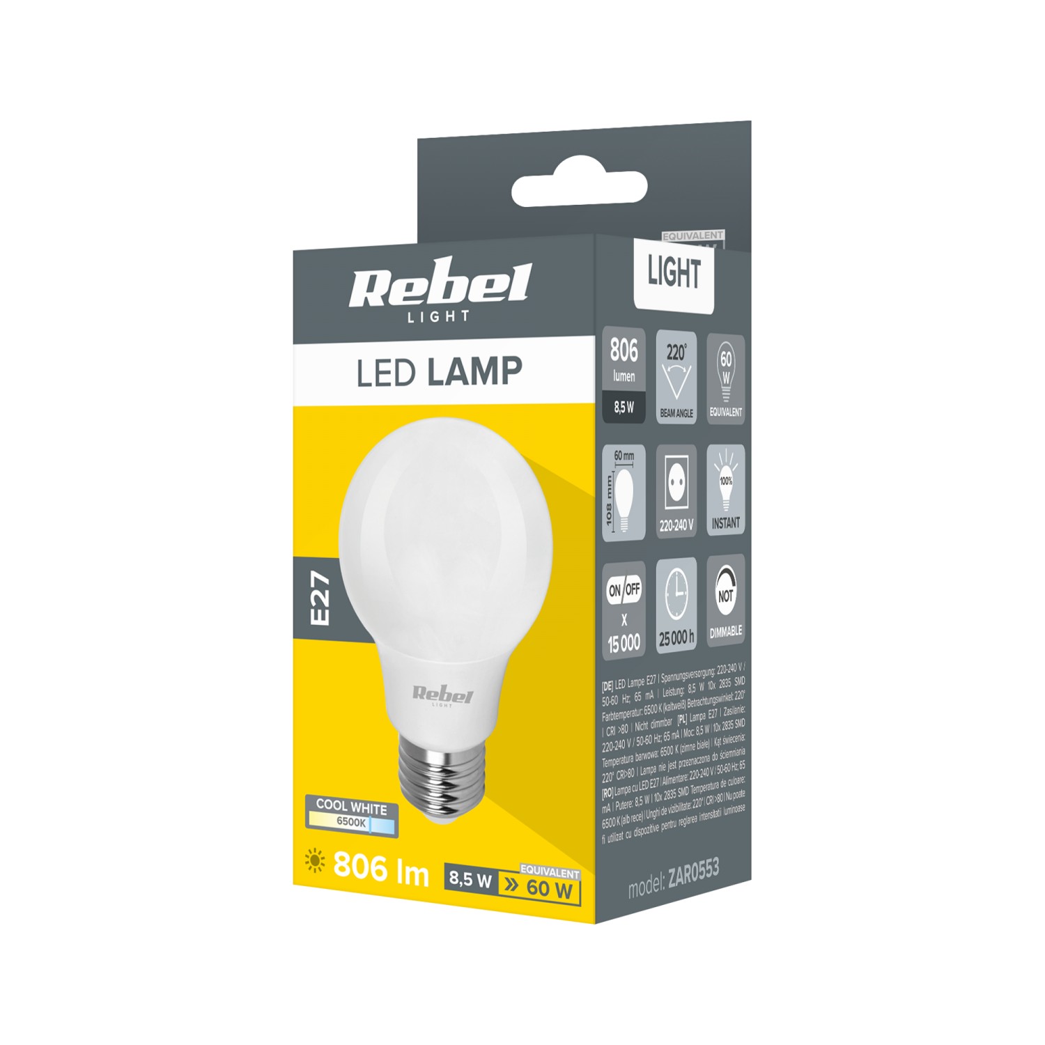 Lampa Led Rebel A60  8,5W  6500K, 230V