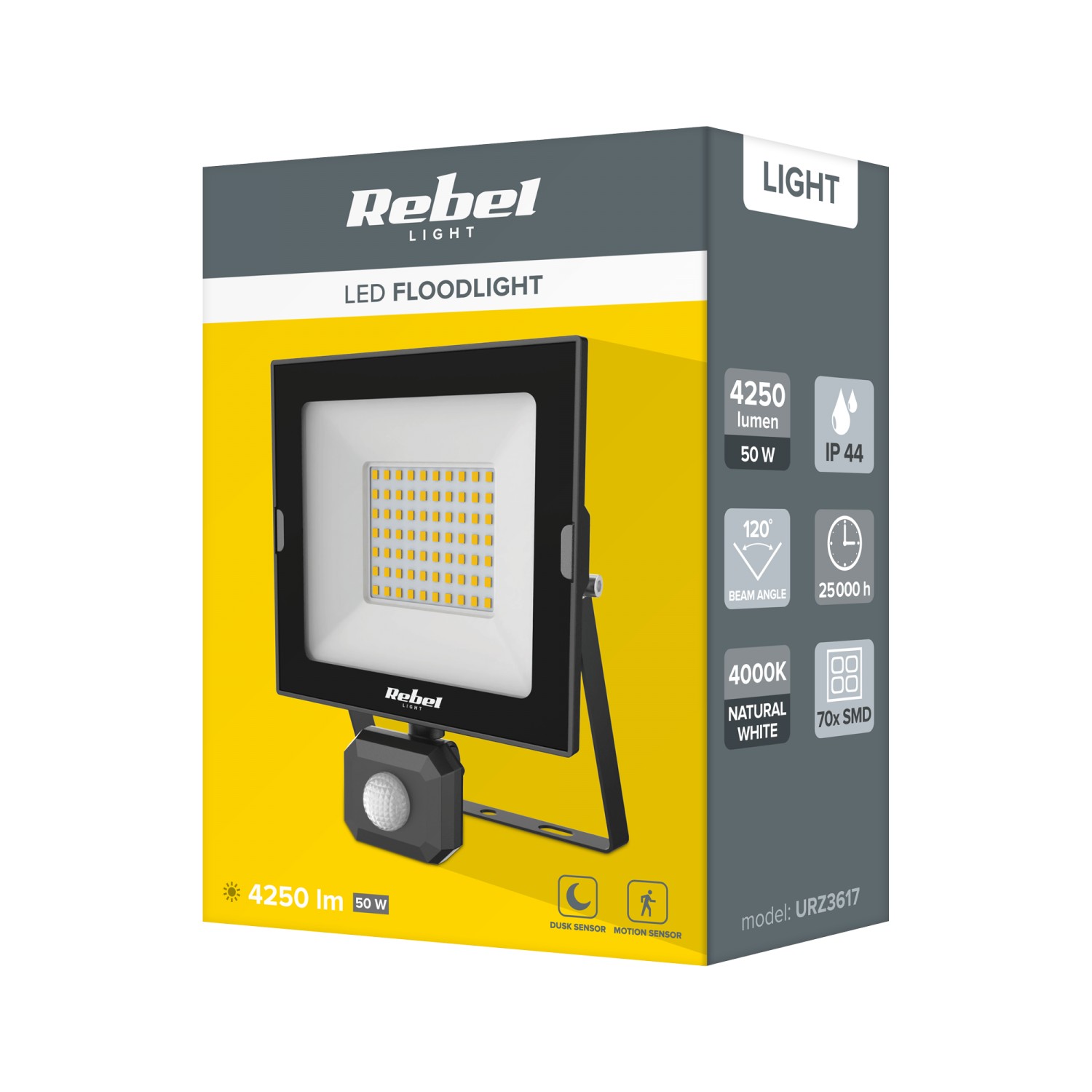 Reflektor LED 50W z sensorem zmierzchu i ruchu, 4000K, 230V