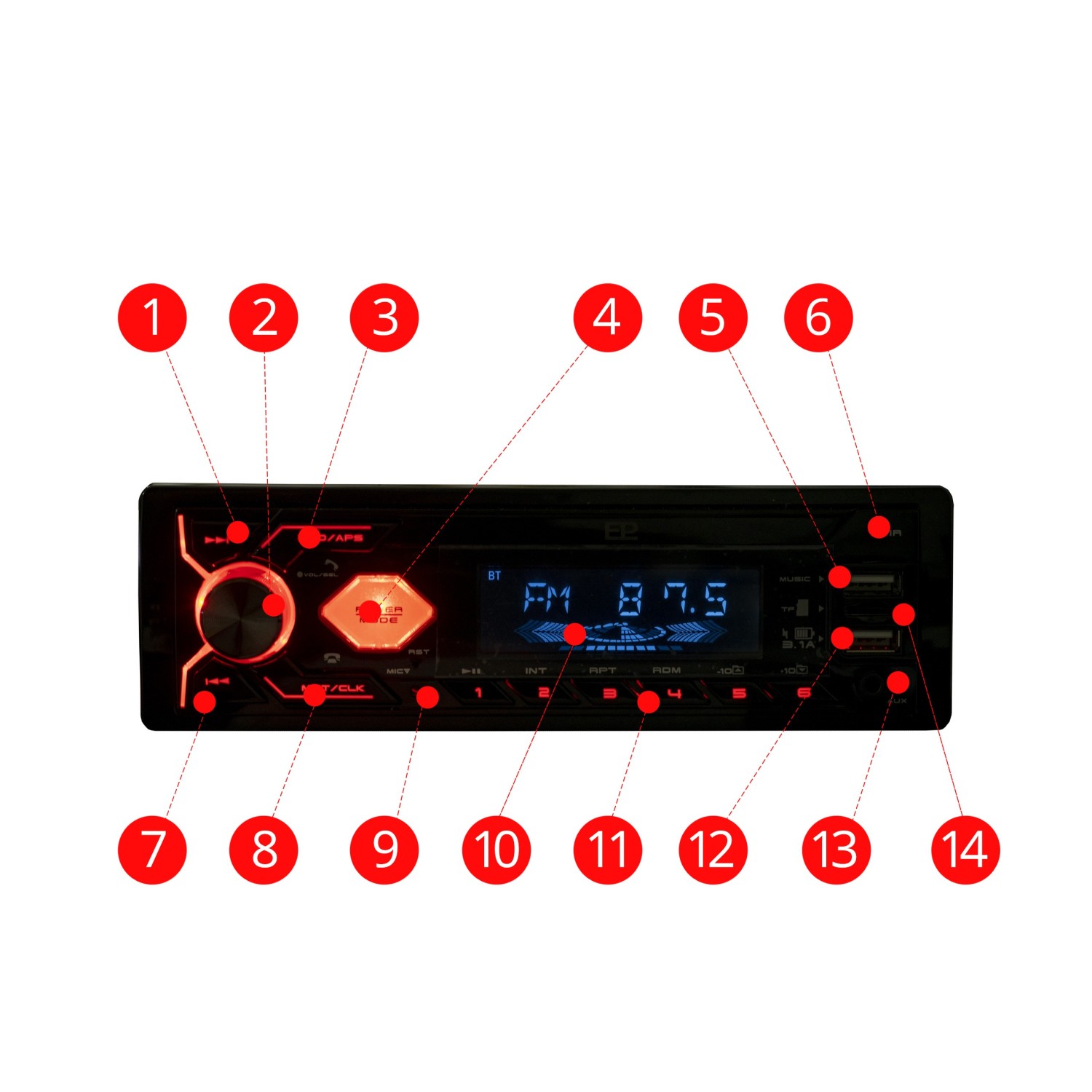 EPCR05R RADIO SAMOCHODOWE 1 DIN USB MICRO SD BT - CZERWONY