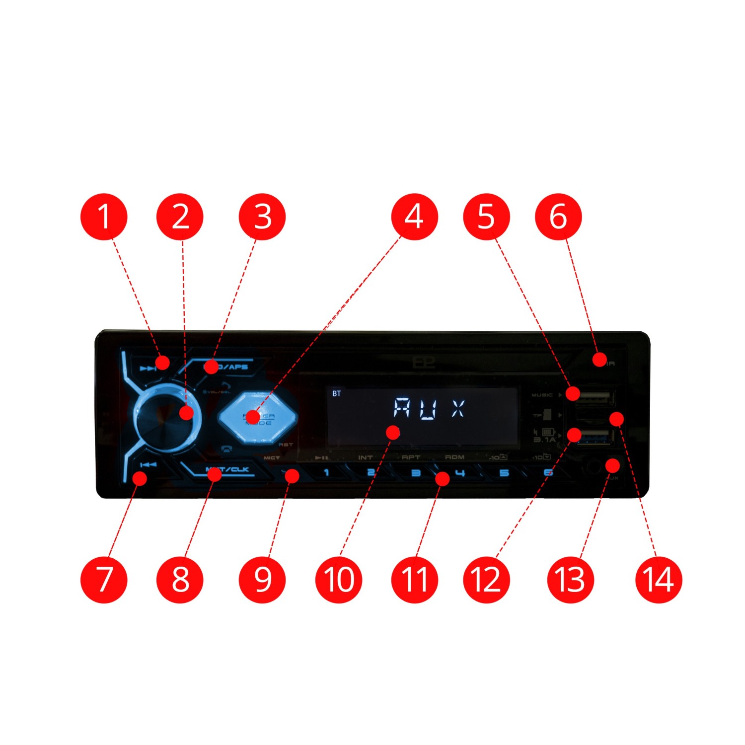 EPCR05B RADIO SAMOCHODOWE 1 DIN USB MICRO SD BT - NIEBIESKI