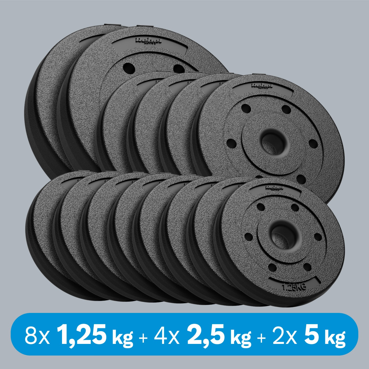 Zestaw obciążeń bitumicznych 30kg ( 8x1.25kg + 4x2.5kg + 2x5kg ), otwór 31mm,  REBEL ACTIVE