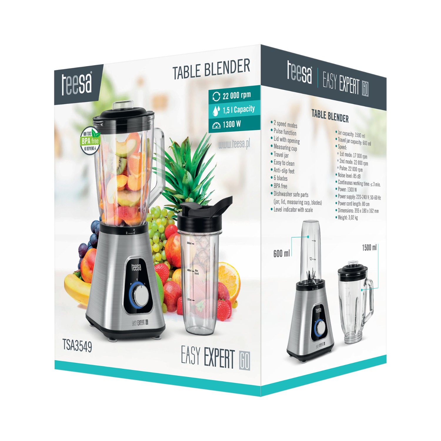 Blender kielichowy EASY EXPERT GO 1300W szklany kielich 1,5L + kubek podróżny 600ml