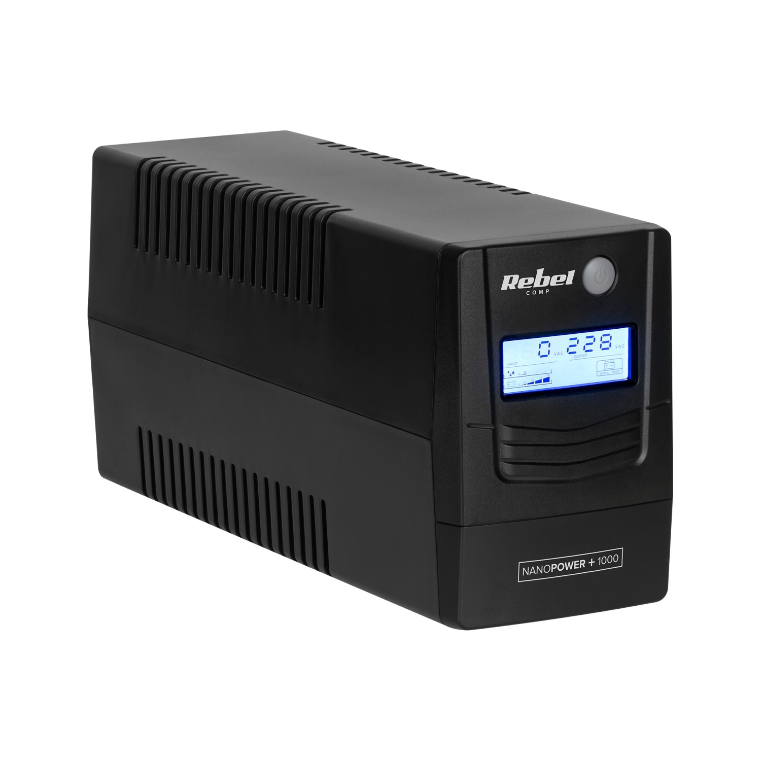 Zasilacz awaryjny komputerowy UPS REBEL model Nanopower Plus 1000 ( offline, 1000VA / 600W , 230 V , 50Hz , LCD , USB , RJ45 )