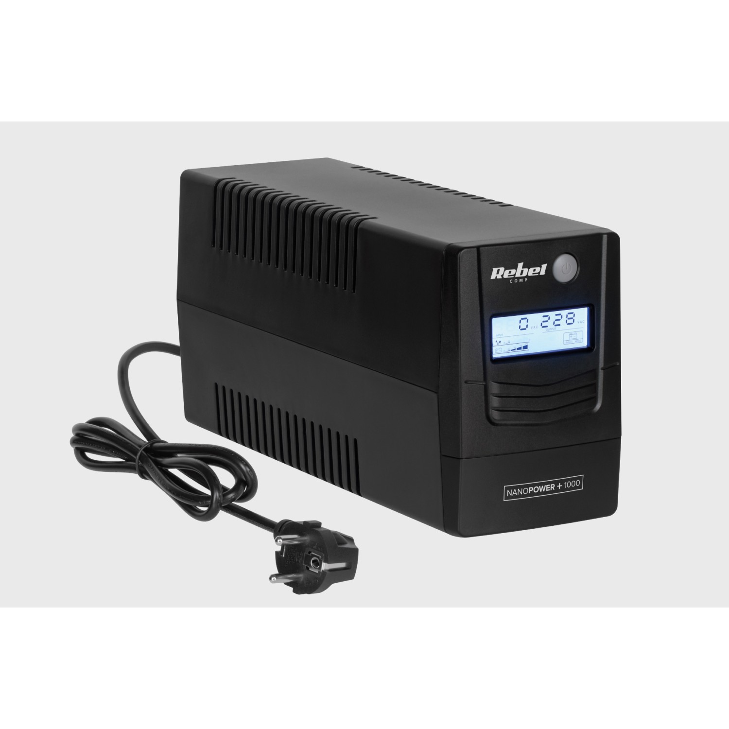 Zasilacz awaryjny komputerowy UPS REBEL model Nanopower Plus 1000 ( offline, 1000VA / 600W , 230 V , 50Hz , LCD , USB , RJ45 )